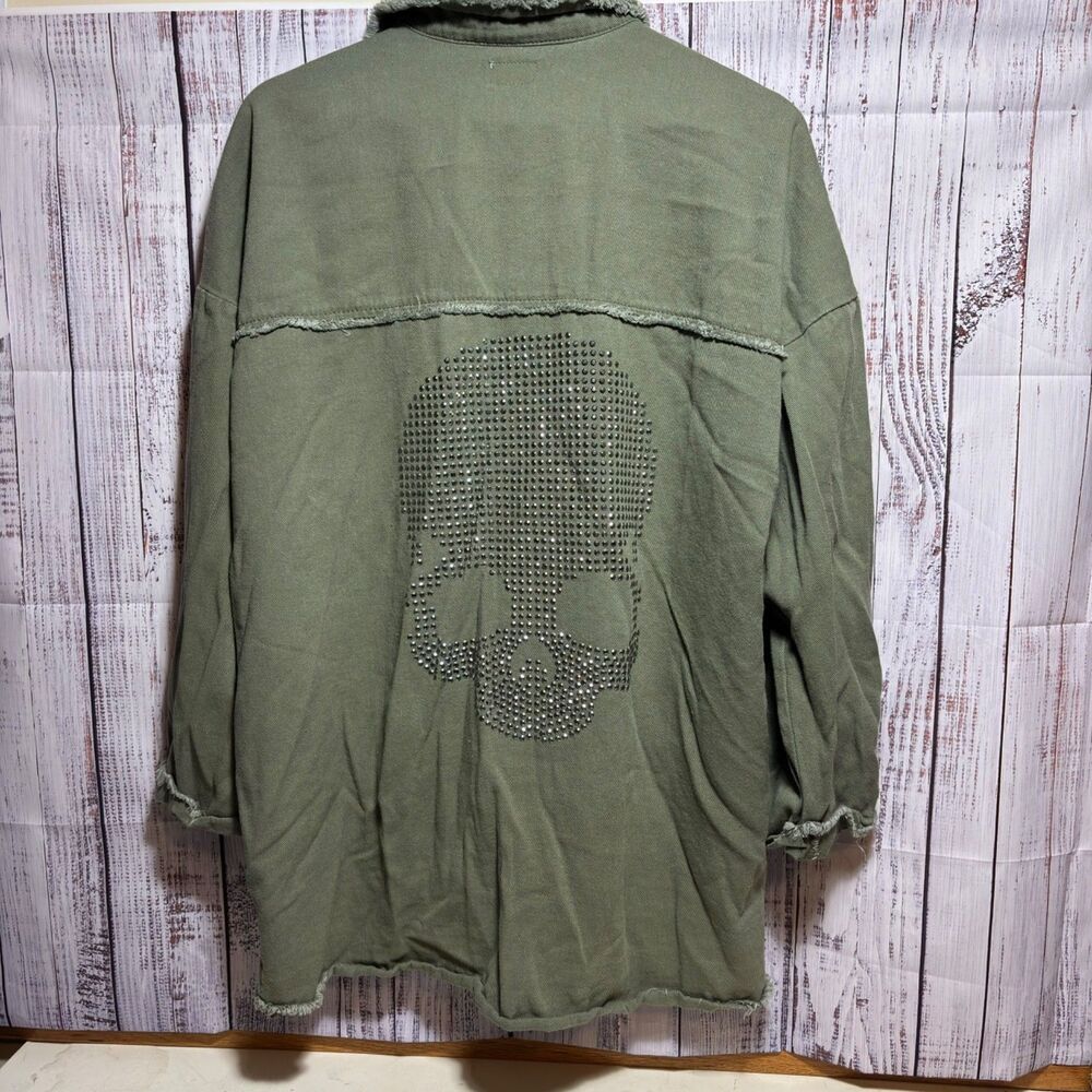 Blue Buttercup Olive Green Skull Studded Shacket Jacket Oversized Cotton Size S